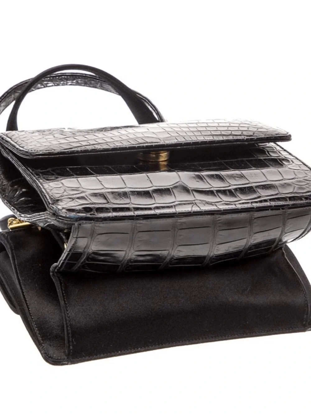 Judith Leiber Black Croc-Embossed Top-Handle Satchel with Gold Accent